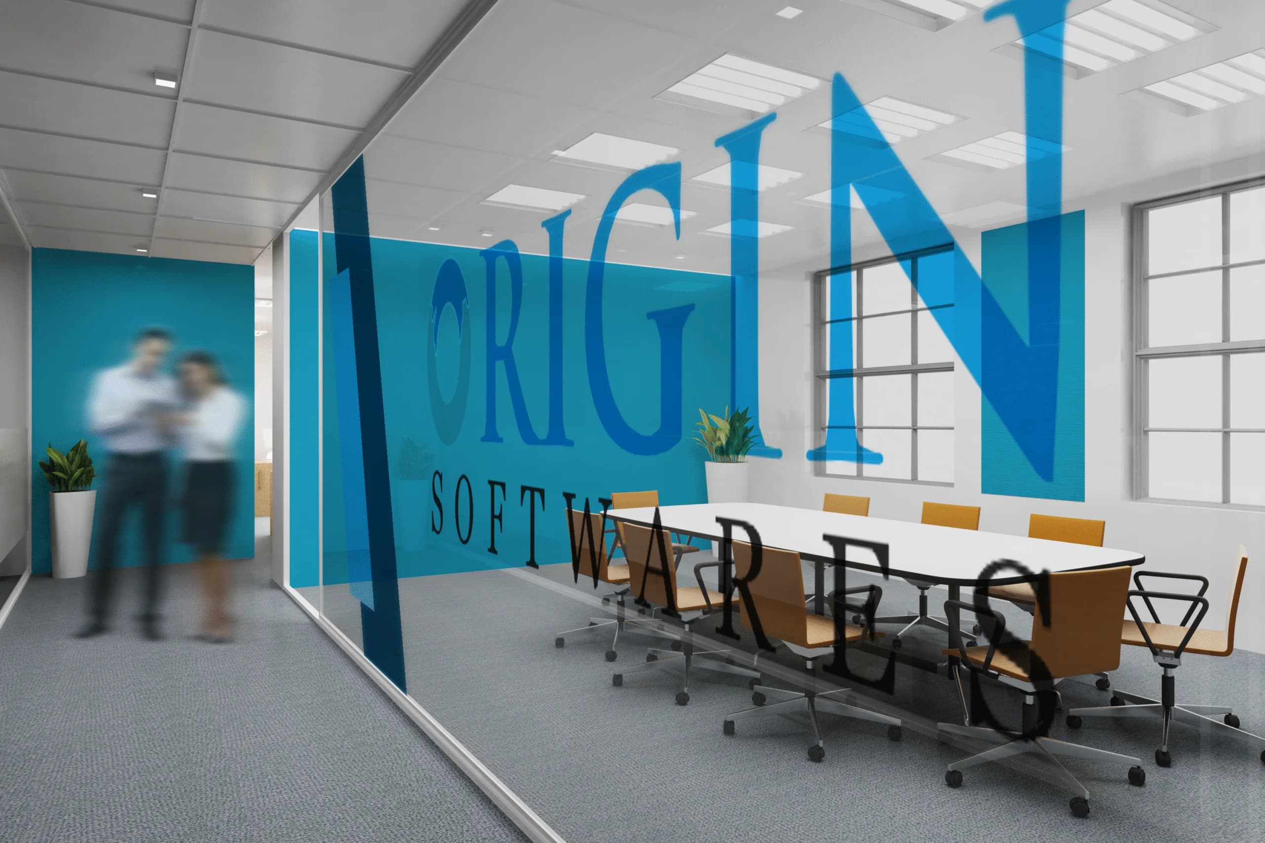 Origin Softwares headquarters — branded glass-wall conference room at our Masab Tank, Hyderabad office